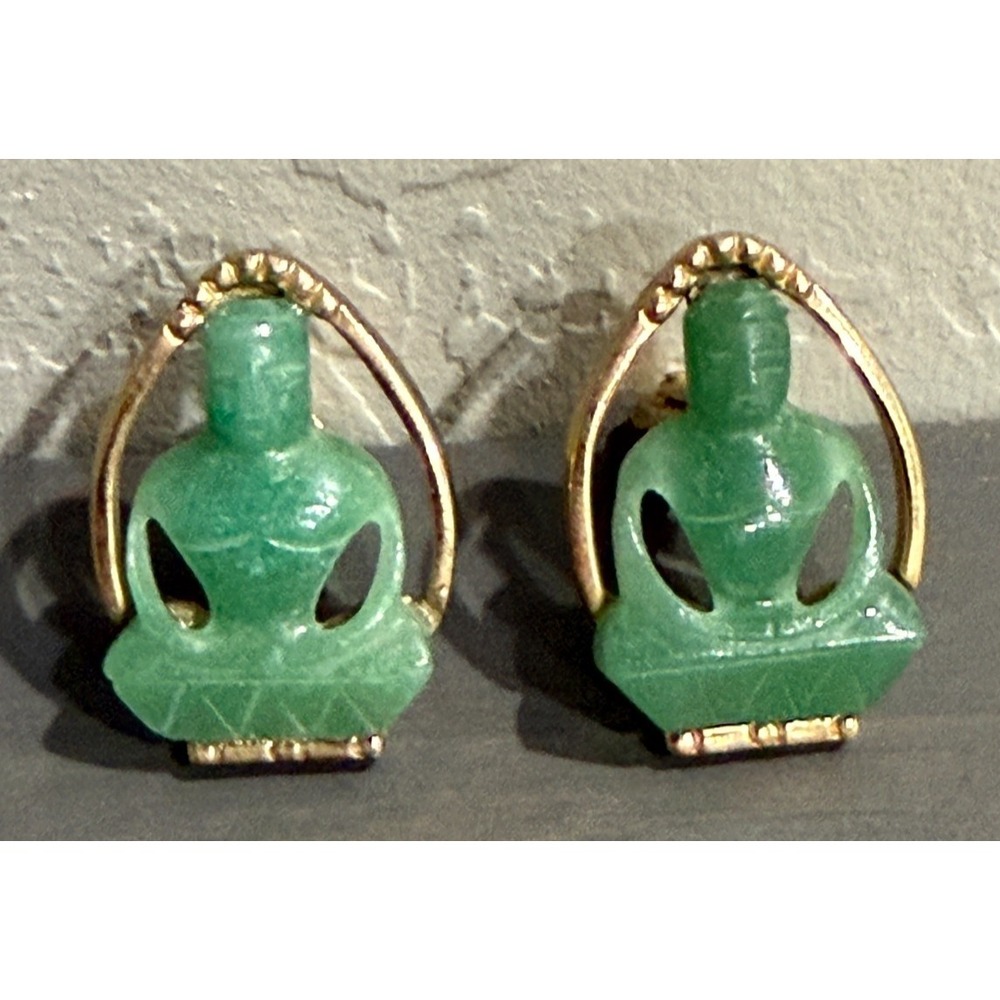 Carved Buddha Green Jade Gold Tone Cufflinks Tux Suit Vintage